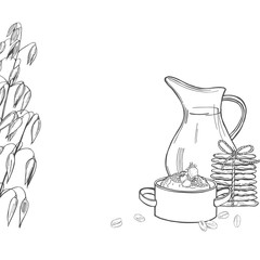 Vector background with oatmeal porridge and cookies. Hand drawn sketch illustration