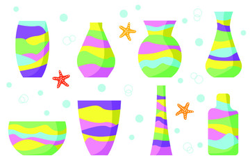 Set of glass transparent vases with colorful sea sand isolated on white background