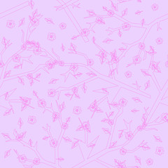 Pink seamless vector pattern: angular branches with leaves and flowers. Sketch with thin lines on pastel background
