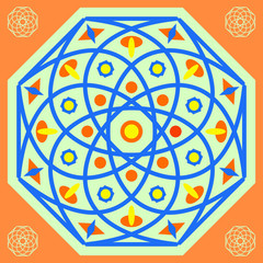 Decorative multi-colored tiles: abstract geometric hexagonal blue pattern on orange square background