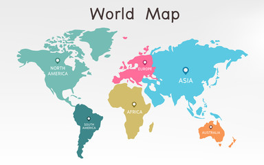 The world map is divided into various continents using lovely colors on a white background.