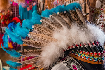 Indian feather hat with unique colors and patterns