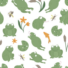 Obraz premium Vector seamless pattern of cartoon style flat funny frogs in different poses with waterlily, dragonfly, mosquito, reed, heron clip art. Cute repeat background with woodland swamp animals..