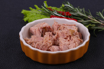 Tasty canned tuna fish in the bowl