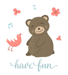 Vector cartoon style hand drawn flat bear sitting and listening to the singing bird. Funny scene with Teddy having fun. Cute illustration of woodland animal for children’s design, print, stationery.