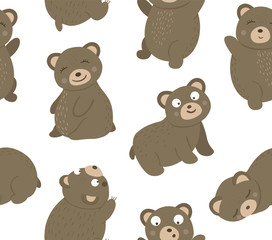 Obraz premium Vector seamless pattern of hand drawn flat funny bears in different poses. Cute repeat background with woodland animals. Cute animalistic ornament for children’s design. .