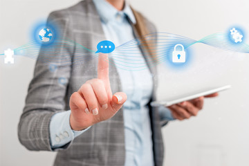 Female human wear formal work suit presenting presentation use smart device