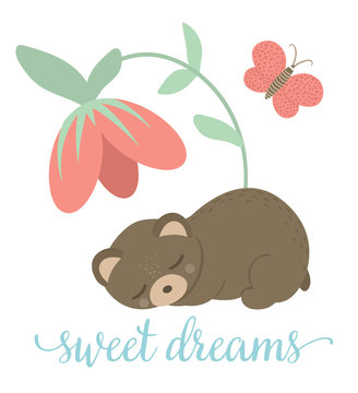 Vector cartoon style hand drawn flat bear sleeping under the flower with butterfly. Funny scene with a Teddy. Cute illustration of woodland animal for children’s design, print, stationery.