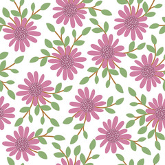 Obraz premium Vector floral seamless background. Hand drawn flat simple trendy illustration with flowers and leaves. Repeating pattern with meadow, woodland, forest plants..