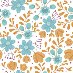 Vector bloemen naadloze achtergrond. Hand getekend plat eenvoudige trendy illustratie met oranje en blauwe bloemen en bladeren. Herhalend patroon met weide, bos, bosplanten..