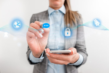 Female human wear formal work suit presenting presentation use smart device