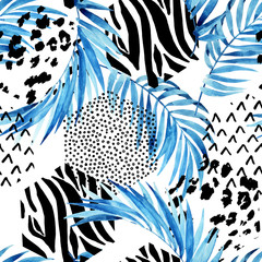 Blue watercolor tropical leaves and ornated triangles background. Unusual water color florals and geometric shapes