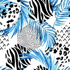 Aluminium Prints Hexagon Blue watercolor tropical leaves and ornated triangles background. Unusual water color florals and geometric shapes