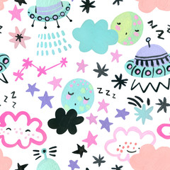 Watercolor drawings of cartoon planets, moon, stars, comets, UFO in trendy color