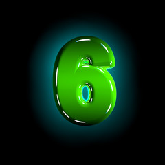 Green number 6 of shine plastic font of white and yellow colors isolated on black color - 3D illustration of symbols