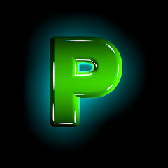 polished green plastic creative alphabet - letter P isolated on black background, 3D illustration of symbols