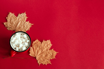 Obraz na płótnie Canvas top view autumn maple leaves and cup with marshmallows copy space