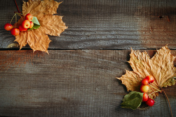 Naklejka na ściany i meble weathered wooden planks with empty space for text with maple leaves and little apples frame autumn backdrop