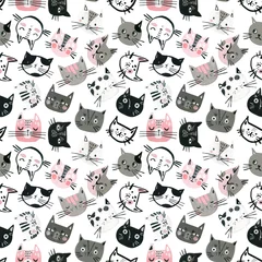Wall murals Cats Cartoon watercolor cats seamless pattern in pastel colors. Cute kitten faces background for kids design.