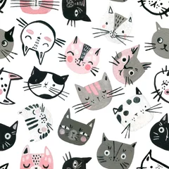Fotobehang Katten Cartoon aquarel katten naadloze patroon in pastelkleuren. Schattige kitten gezichten achtergrond voor kinderen ontwerp.