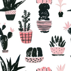 Graphic seamless pattern with cute cacti in ornated pots