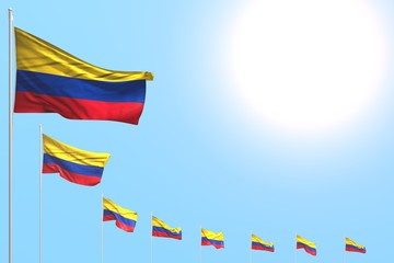 cute labor day flag 3d illustration. - many Colombia flags placed diagonal on blue sky with place for text