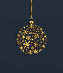 Golden snowflakes in the shape of a christmas ball on navy blue