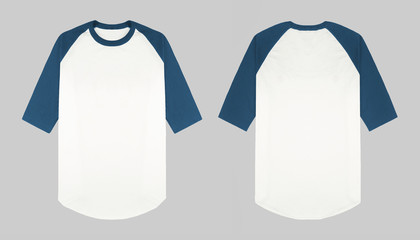Set of raglan t shirt in front and back view isolated on background. blank plain raglan 3/4 sleeve navy and white. ready for mockup or presentation your design.