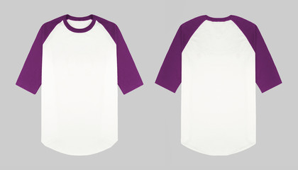 Set of raglan t shirt in front and back view isolated on background. blank plain raglan 3/4 sleeve purple and white. ready for mockup or presentation your design.
