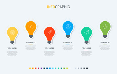 Timeline infographic design vector. 6 optioons, light bulbs workflow layout. Vector infographic timeline template.