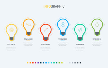 Vector infographics timeline design template with light bulbs elements. Content, schedule, timeline, diagram, workflow, business, infographic, flowchart. 6 steps infographic.