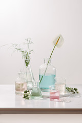 Laboratory experiment and research with leaf,oil and ingredient extract for natural beauty and organic cosmetic skincare product the blank bottle for label science concept. alternative medicine. spa.