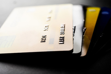 Credit cards that are stacked on the floor,selective focus