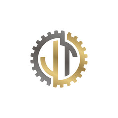 Initial letter J and T, JT, interlock cogwheel gear logo, black gold on white background