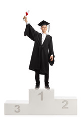 Best male graduate student holding a diploma and standing on a winner's pedestal