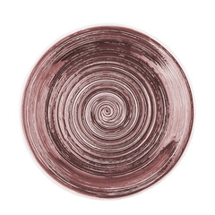 Brown round ceramic plate with spiral pattern, isolated on white