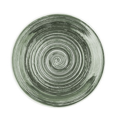 Dark round ceramic plate with spiral pattern, isolated