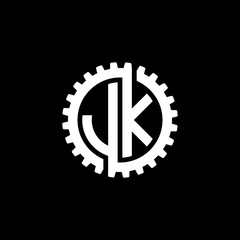 Initial letter J and K, JK, interlock cogwheel gear monogram logo, white color on black background