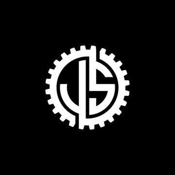 Initial letter J and S, JS, interlock cogwheel gear monogram logo, white color on black background