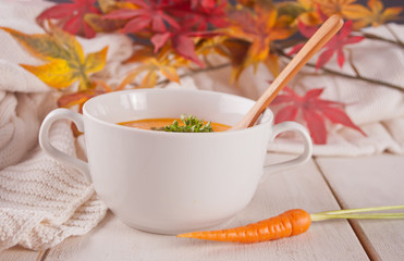 Healthy eating carrot cream soup. Vegetarian vegetables soup.