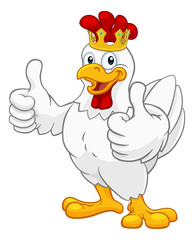 A chicken rooster cockerel bird cartoon character in a kings gold crown giving a double thumbs up