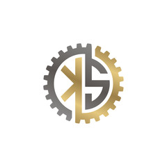 Initial letter K and S, KS, interlock cogwheel gear logo, black gold on white background