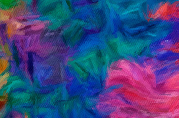 Large watercolor paint strokes on canvas. Simple modern art drawing. Multicolored background in oil painting style. Energy of bright colors. Hand made acrylic abstraction. Surreal impressionism print.