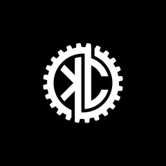 Initial letter K and C, KC, interlock cogwheel gear monogram logo, white color on black background