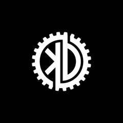 Initial letter K and D, K and O, KD, KO, interlock cogwheel gear monogram logo, white color on black background