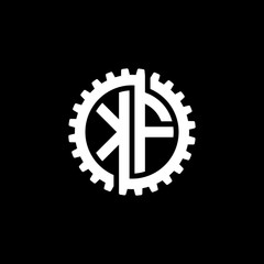 Initial letter K and F, KF, interlock cogwheel gear monogram logo, white color on black background