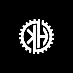 Initial letter K and H, KH, interlock cogwheel gear monogram logo, white color on black background