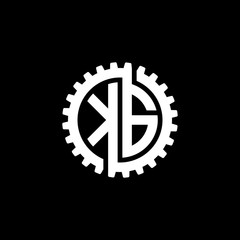 Initial letter K and G, KG, interlock cogwheel gear monogram logo, white color on black background