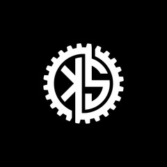 Initial letter K and S, KS, interlock cogwheel gear monogram logo, white color on black background