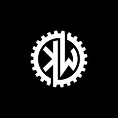 Initial letter K and W, KW, interlock cogwheel gear monogram logo, white color on black background